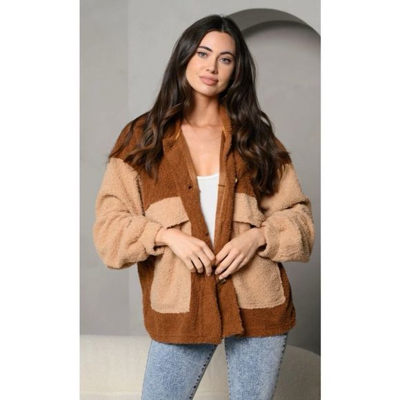 Peach Love California Jackets & Blazers - Peach Love Teddy Jacket Color block Chestnut brown taupe small